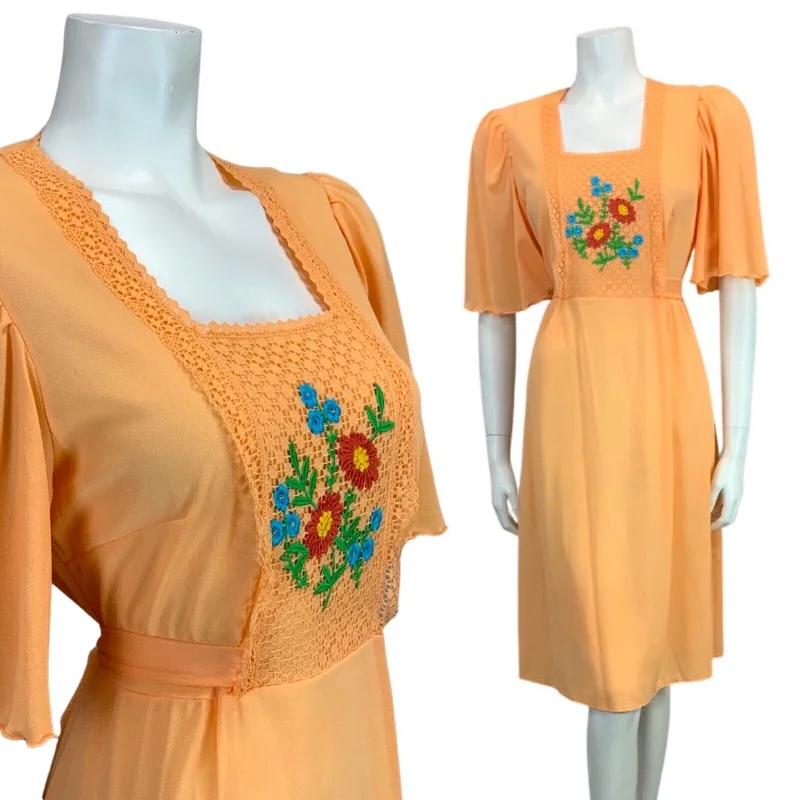Price Fest VINTAGE 60s 70s PEACH FLORAL FLOATY BOHO FOLK MIDI DRESS 12 14