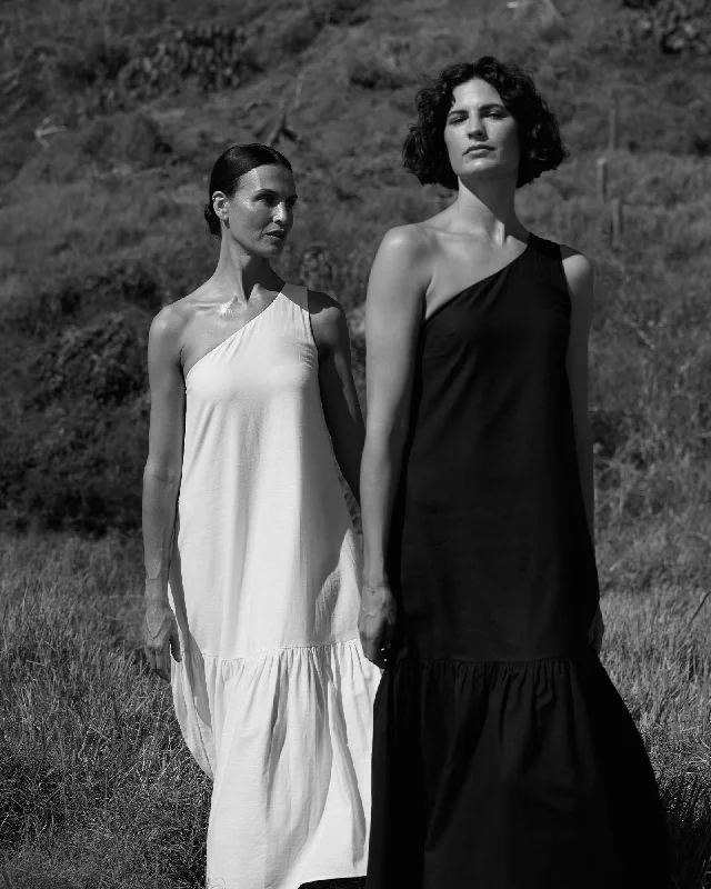 Early Bird Discount Aruba Linen One Shoulder Dress - Black