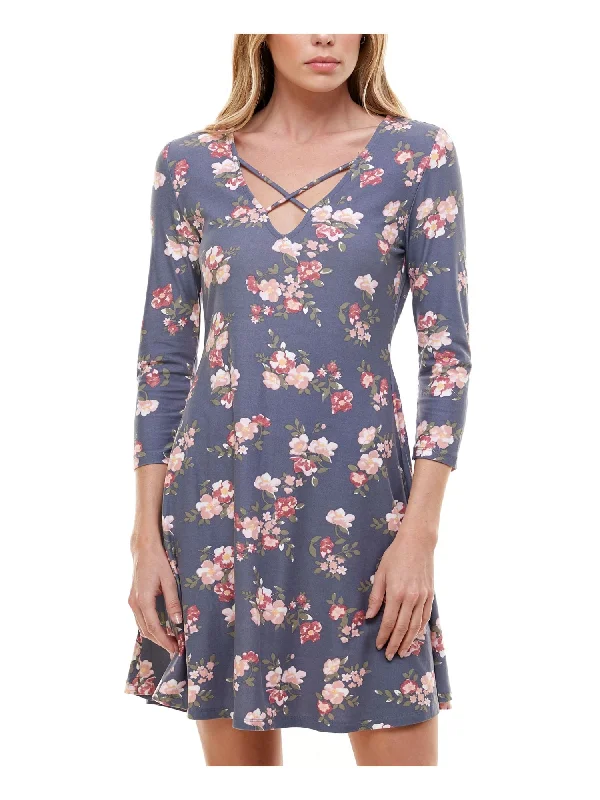 Super Sale PLANET GOLD Womens Gray Floral 3/4 Sleeve V Neck Knee Length A-Line Dress