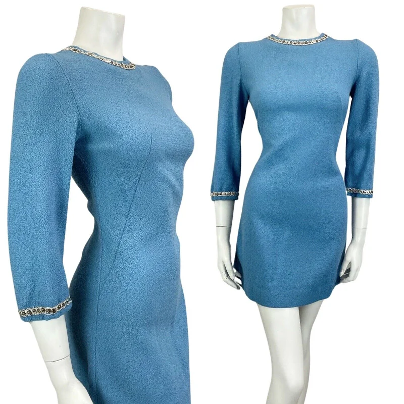 Can't Miss VINTAGE 60s 70s BLUE SILVER SEQUIN MOD MINI PARTY CHRISTMAS EVENING DRESS 8 10
