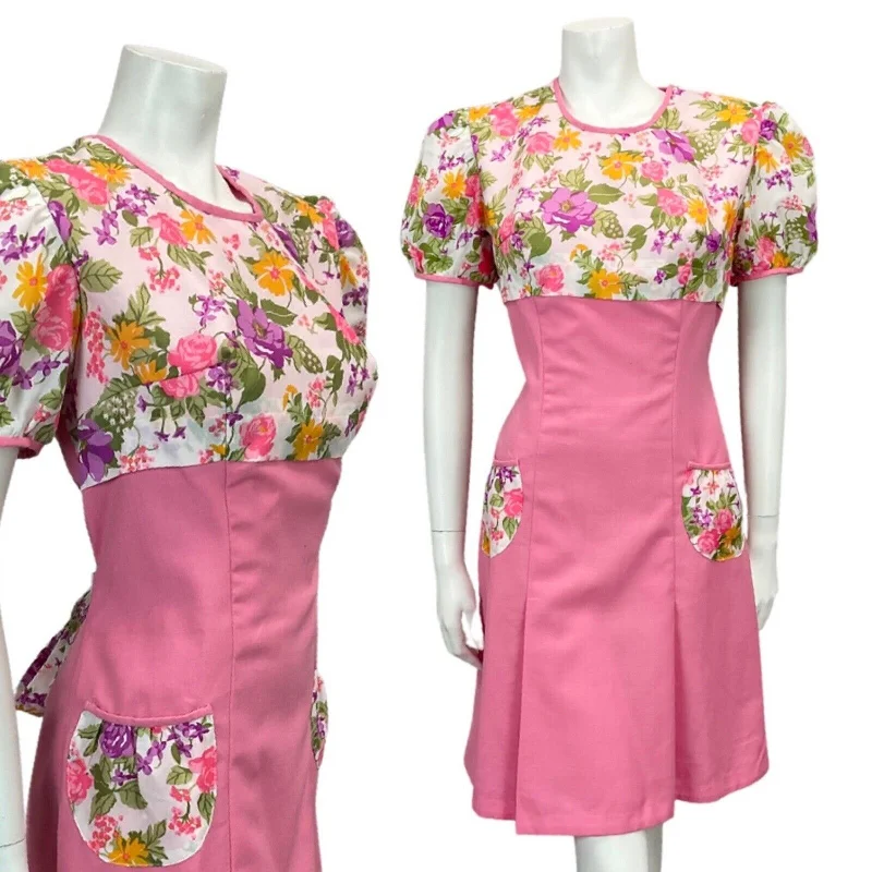 Final Clearance VINTAGE PINK PURPLE ORANGE GREEN FLORAL PRINT MINI DRESS 10 12
