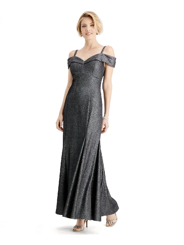 Unmissable Offer R&M RICHARDS Womens Silver Glitter Cap Sleeve Off Shoulder Maxi Evening Fit + Flare Dress