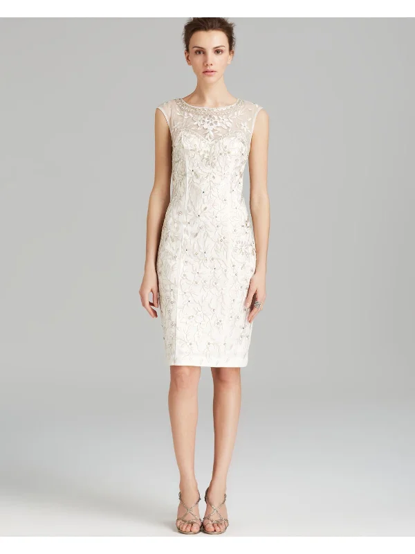 Can't Miss SUEWONG Womens Ivory Embroidered Rhinestone Zippered Floral Sleeveless Boat Neck Knee Length Formal Sheath Dress
