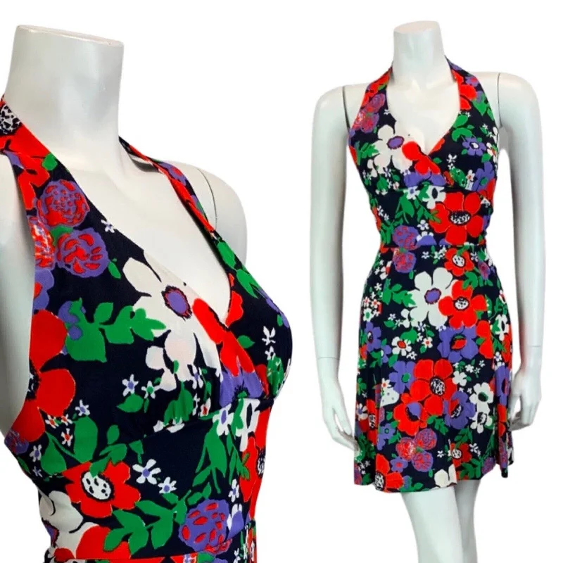 Friends and Family Sale VINTAGE 60s 70s NAVY BLUE RED PUPRLE GREEN HALTER NECK MINI DRESS 6