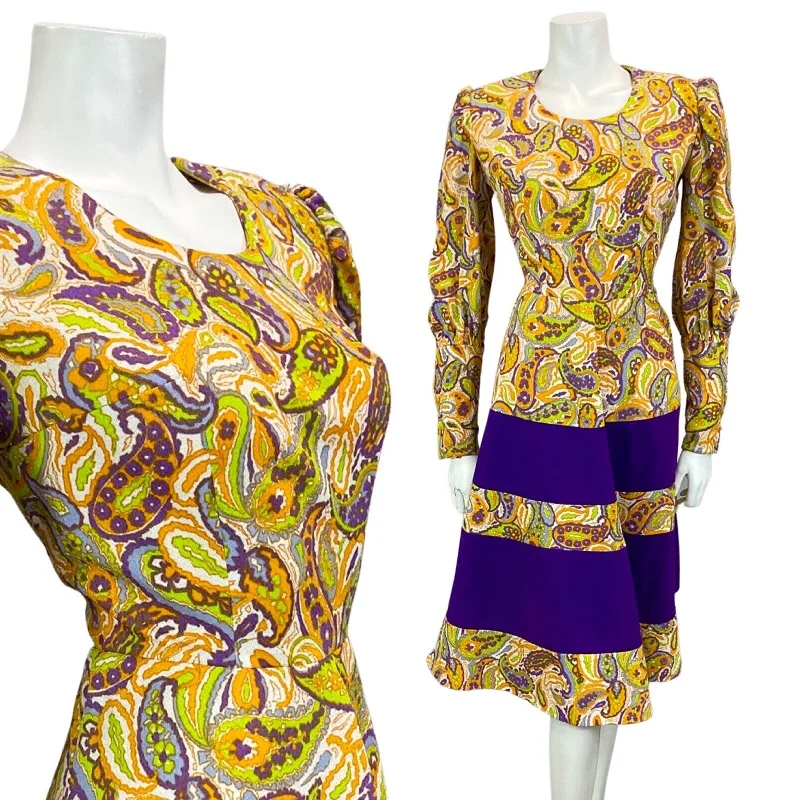 Stock Clearance VTG 60S 70S WHITE ORANGE PURPLE GREEN PSYCHEDELIC PAISLEY PRINT MIDI DRESS 8 10