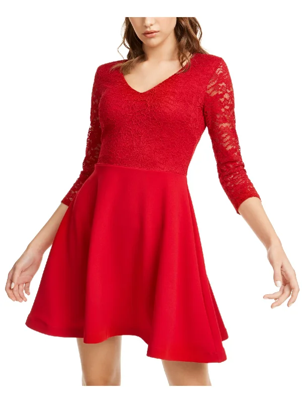 Fantastic Offers B DARLIN Womens Red Lace 3/4 Sleeve V Neck Short Party Blouson Dress